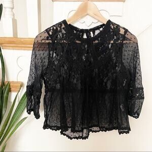 Free People Black Sheer Lace 3/4 Sleeve Cropped Blouse Size S